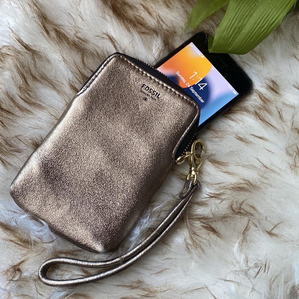 Fossil Leather gold metallic carryall wallet for women